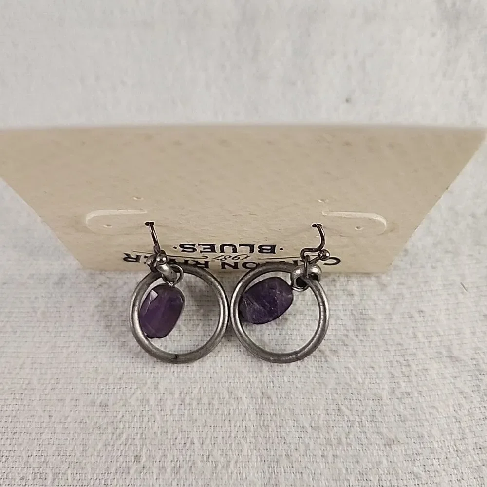 Earrings Amethyst Oval in Hoop Dangle Jewelry Canyon River Blues 1987 Hook VNTG